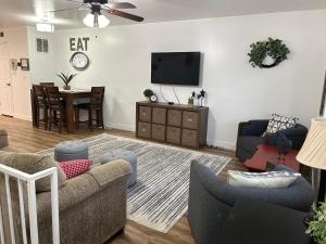 a living room with a couch and a tv at Red Hen Rental - 2 bed with 1 FULL bath 1 HALF bath FULL Kitchen in Cedar City