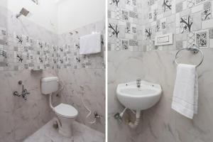 two pictures of a bathroom with a toilet and a sink at Hotel Trishla in Bhopal