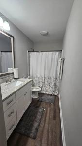 y baño con aseo, lavabo y ducha. en Spacious 3-Bedroom Modern Home Near CLT Motor Speedway en Concord