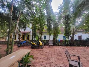 a house with palm trees and motorcycles parked in front of it at hotel ramdev in Arambol