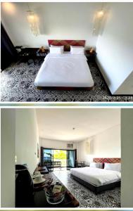 2 fotos de una habitación de hotel con cama en Coast Side Cliffs Resort, en Loon