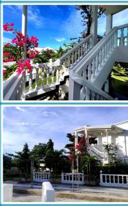 dos fotos de una cerca blanca con flores. en Coast Side Cliffs Resort, en Loon