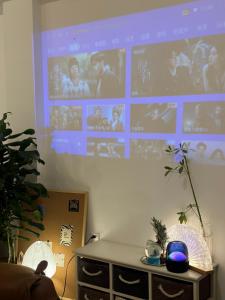 a projection screen on the wall of a room at Shanghai Hills & CoZy Polar B&B in Shanghai