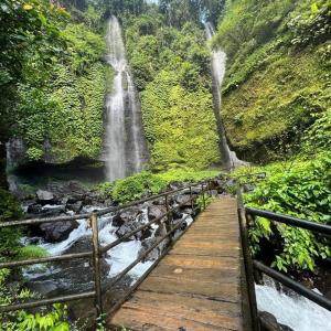 a wooden bridge over a river with a waterfall at Sugi Gede Homestay in Singaraja