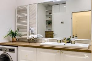 a kitchen with a sink and a washing machine at Sika Garden Apartment Arad in Arad +51 photos