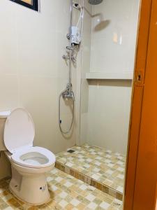 a bathroom with a toilet and a shower at Villa Malinao Oceanview Resort- Superior Bungalow in Burgos