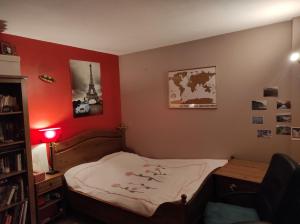 パリにあるセーヌ フロント ルーム / リブ F.ミッテランの赤い壁のベッドルーム1室(ベッド1台付)