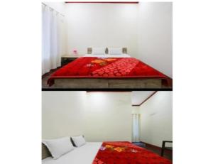 The Devdwar Yoga Resort, Uttarkashi في Uttarkāshi: صورتين لغرفة نوم مع سرير وبطانيات حمراء