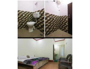 The Devdwar Yoga Resort, Uttarkashi في Uttarkāshi: صورتين لحمام مع مرحاض وسرير