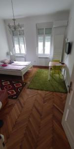 a room with a bed and a table and a green rug at Cricket 2 Hostel in Belgrade
