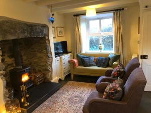 a living room with a couch and a fireplace at 1 Penygroes in Penmachno