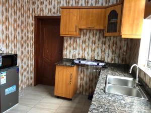 eine Küche mit Holzschränken und einem Waschbecken in der Unterkunft Luxury Furnished and Serviced Home in Kigali