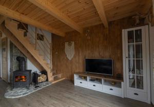 a living room with a fireplace and a tv at Leśny Kącik Zelwa in Zelwa
