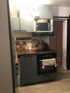 a kitchen with a stove and a microwave at Cocooning little house in Viry-Châtillon
