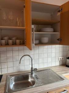 a kitchen with a sink and a shelf with dishes at Geräumiges sonniges Apartment mit Bergblick in Imst