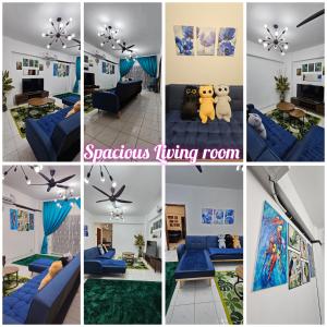 een collage van foto's van een woonkamer bij Homestay "MAHLIGAI VIEW" near Masjid Shah Alam UITM Shah Alam I-City stadium shah alam IDCC 20 min kuala lumpur 1-10 people, free food, indoor games, big pool, fast wifi in Shah Alam