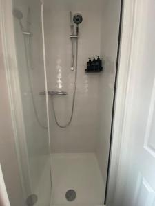 a shower in a bathroom with a glass door at Cabin de la Paix in Hadleigh