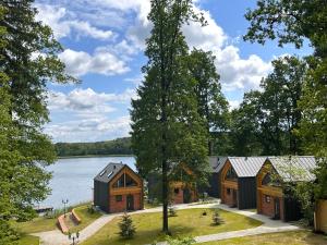 een luchtzicht op een huis naast een meer bij Domki nad jeziorem Złoty Potok in Kalinowo