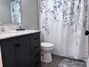 a bathroom with a toilet and a shower curtain at 3 bedroom Town home in Charlotte