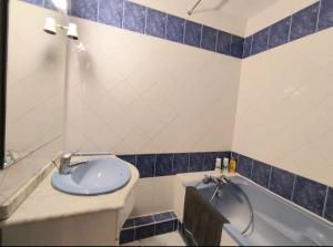 y baño con lavabo azul y bañera. en T2 Appartement cosy centre historique, en Bourges
