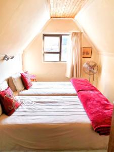 1 dormitorio con 2 camas y almohadas rojas en Hill Billys Selfcatering, en Winterton