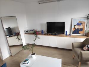 sala de estar con TV y espejo en Maria’s place, en Rueil-Malmaison
