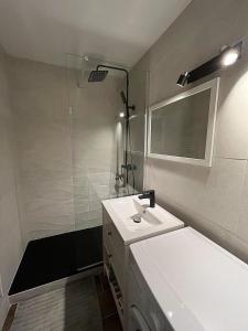 La salle de bains est pourvue d'un lavabo et d'une douche. dans l'établissement Appart très cosy jusqu'à 6 pers, Lac du Salonique, au Grau-du-Roi