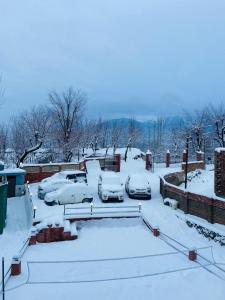 a parking lot covered in snow with cars parked at THE GULMARG PALACE in Gulmarg