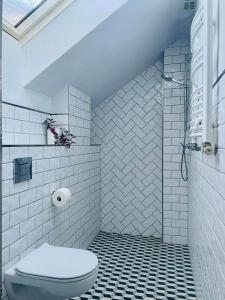 La salle de bains blanche est pourvue d'une douche et de toilettes. dans l'établissement Krasnogruda 7c, à Sejny
