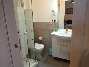 a bathroom with a toilet and a sink and a mirror at Brà Guest House in Verona