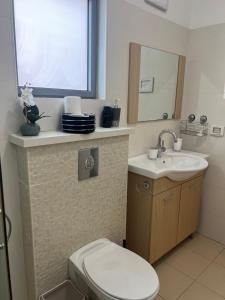 uma casa de banho com um WC branco e um lavatório. em דירת גן מדרך עוז Garden Apartment em Midrakh ‘Oz