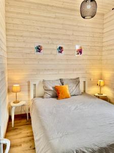 1 dormitorio con 1 cama con 2 lámparas y 2 mesas en Le petit bois - parking privé, en Éveux