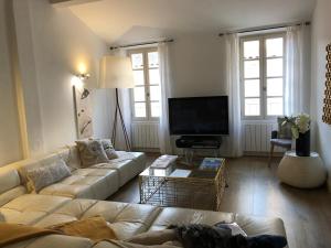 Il comprend un salon doté d'un canapé et d'une télévision à écran plat. dans l'établissement Appartement trois pièces Saint Tropez, à Saint-Tropez