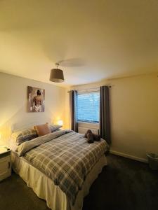 a bedroom with a bed with a dog laying on it at 50 Gordon Terrace in Invergordon