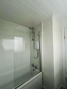 a bathroom with a shower with a glass door at 50 Gordon Terrace in Invergordon
