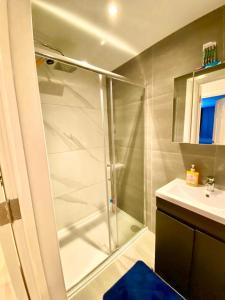 a bathroom with a shower and a sink at One Bedroom Apartment in Ealing Broadway London in Ealing
