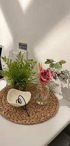 a table with a plate and flowers in a vase at OwLHouse on Island in Cowes