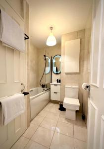 a bathroom with a toilet and a tub and a sink at Riverview Apartment in Dublin