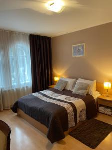 a bedroom with a bed with two pillows and a window at Hotel Jerevan in Druskininkai