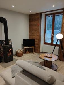 un soggiorno con divano e stufa a legna. di les Seilles de Clovis a Entremont-le-Vieux