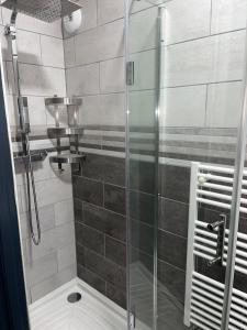 a shower with a glass door in a bathroom at Villa chaleureuse Centre ville - Parking privée in Gap