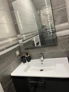 La salle de bains est pourvue d'un lavabo blanc et d'un miroir. dans l'établissement Villa chaleureuse Centre ville - Parking privée, à Gap