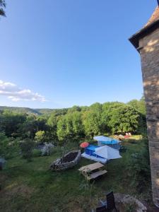 eine Luftansicht auf einen Garten mit einem Picknicktisch in der Unterkunft Domaine Mas de Galy in Saujac