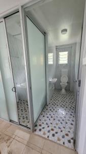 a bathroom with a toilet and a glass shower stall at Nomads Nest Fiji in Suva