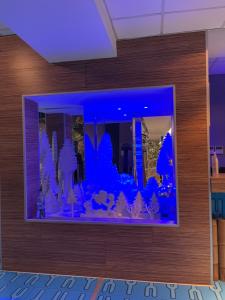 a large aquarium with blue lights in a room at La Mika -Your Home in Bucharest
