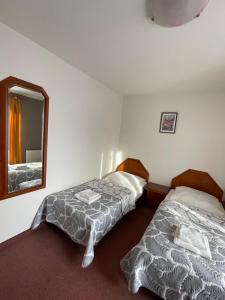 two beds in a room with a mirror at Pensjonat Południe in Wieliczka