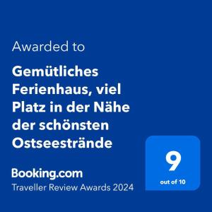 ใบรับรอง รางวัล เครื่องหมาย หรือเอกสารอื่น ๆ ที่จัดแสดงไว้ที่ Gemütliches Ferienhaus, viel Platz in der Nähe der schönsten Ostseestrände