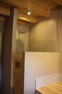 een badkamer met een douche in de kamer bij chalet montagne la lupina in Les Orres