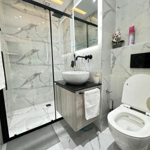 a bathroom with a sink and a shower and a toilet at Zeos finest jacuzzi Suite in Athens