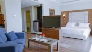 Rivoli Suites and Spa في الغردقة: غرفة معيشة مع سرير وتلفزيون وأريكة